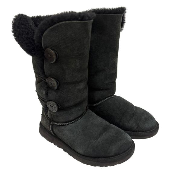 UGG Black Suede 3 Button Bailey Tall Sheepskin Boots Women's Size 7 - Picture 1 of 10